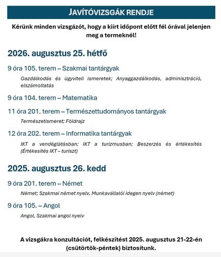 JAVÍTÓVIZSGÁK RENDJE - 2025